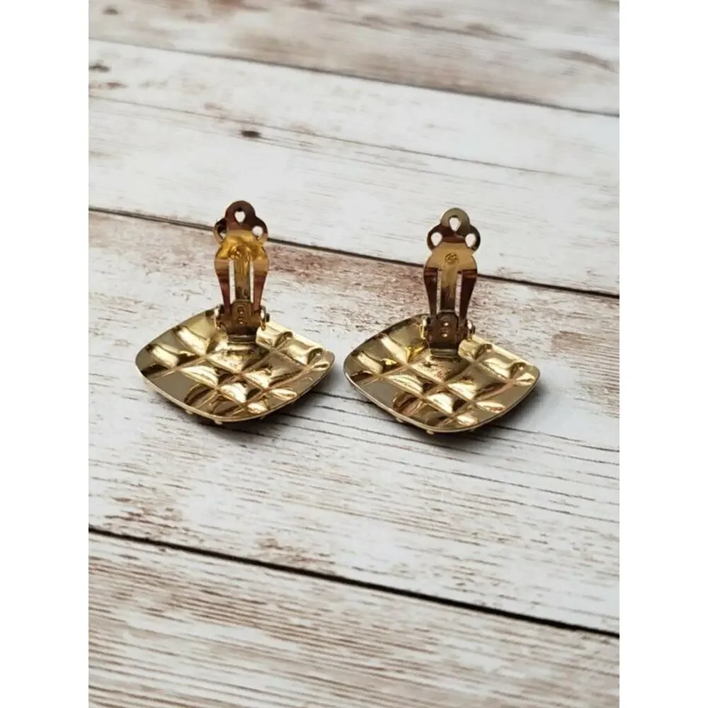 Vintage Clip On Earrings Large Black with Gold Tone Lattice Pattern Statement
